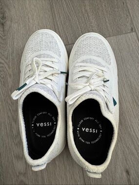 Vessi Weekender Cream Knit Women's Sneakers with Teal Accents